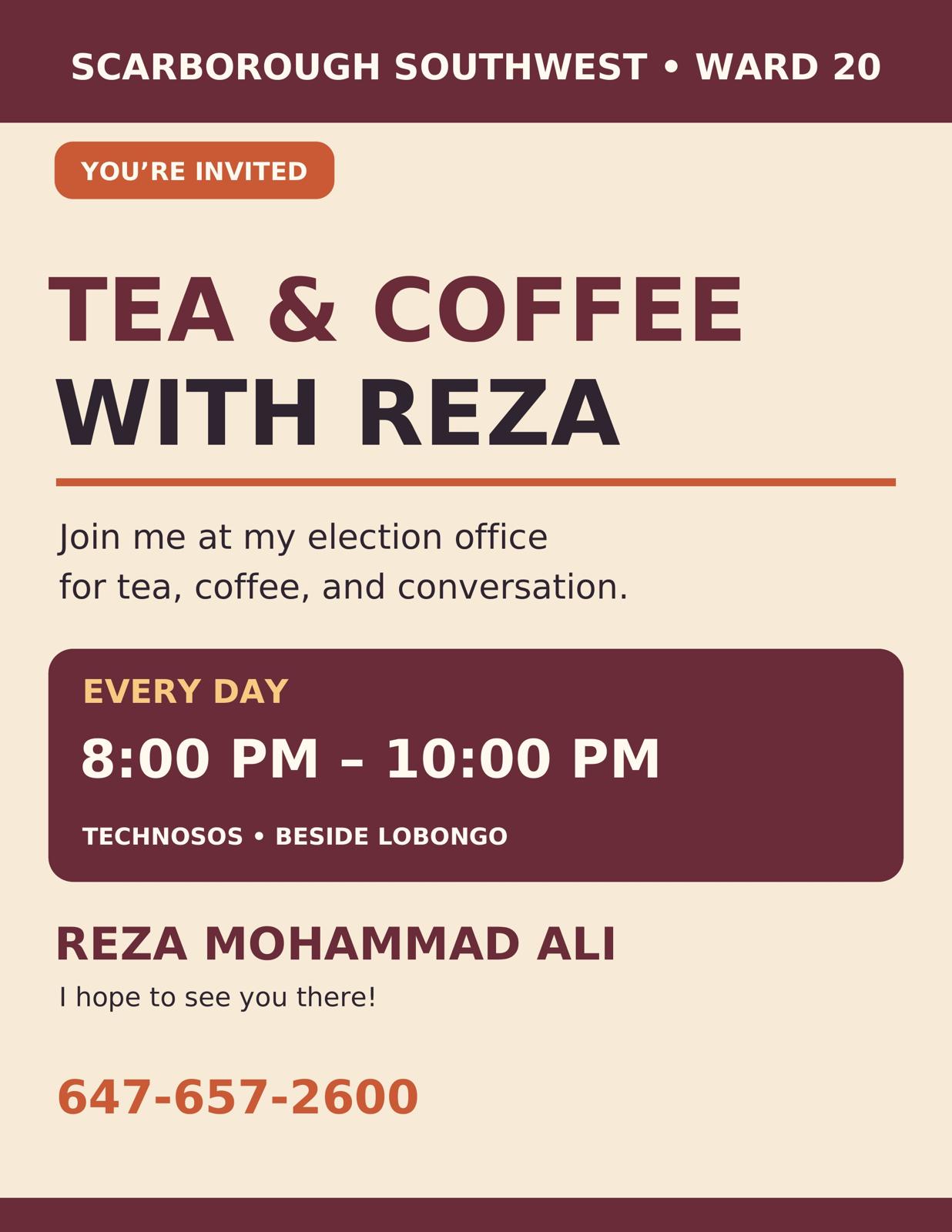 Tea and coffee with Reza event poster